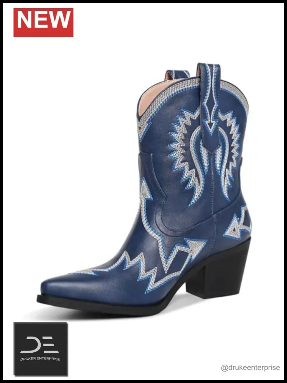 Embroidered Western Ankle Cowboy Boots Chunky Heel PU Leather